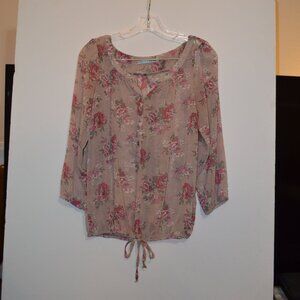 MAURICES Cream Floral Prints Transparent Polyester 3/4 Sleeves Low Bow Blouse M
